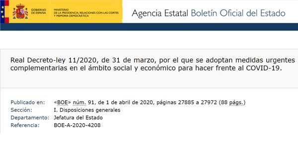 Real Decreto-ley 11/2020, 31 marzo de medidas urgentes complementarias en el ámbito social y económico por COVID-19